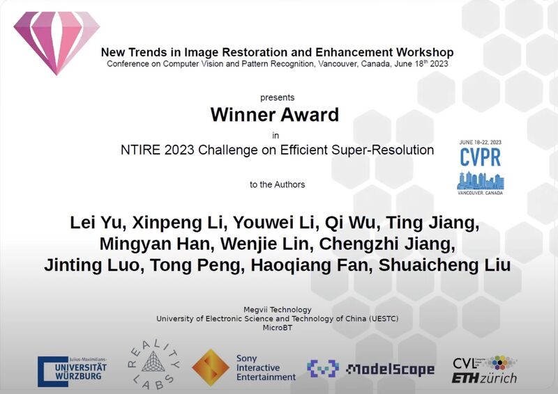 Megvii Research Institute has emerged as the global champion in the Efficient Super-Resolution track in NTIRE 2023 competition! 